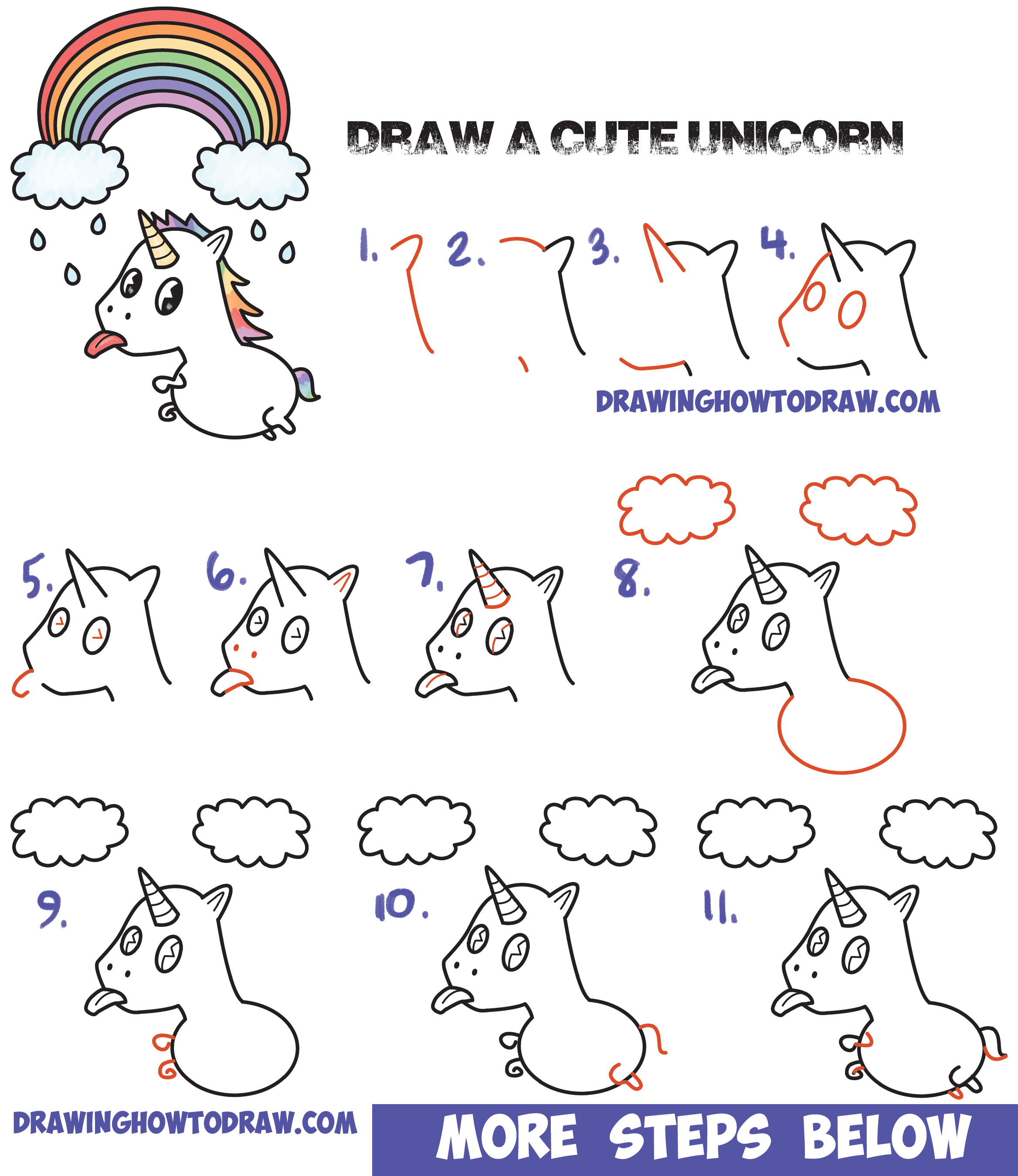 How to Draw a Cute Kawaii Unicorn with Tongue Out Under Rainbow Easy