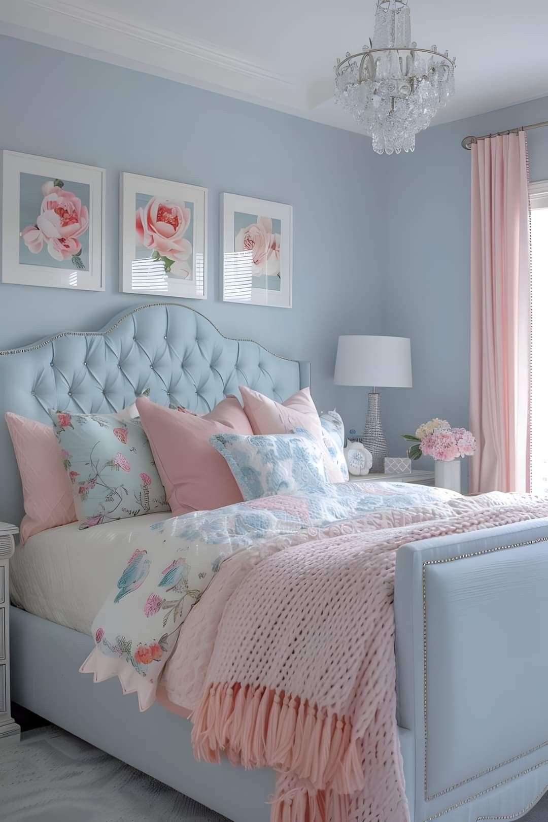 Pink and blue toddler room | Light blue pink and white bedroom, Light